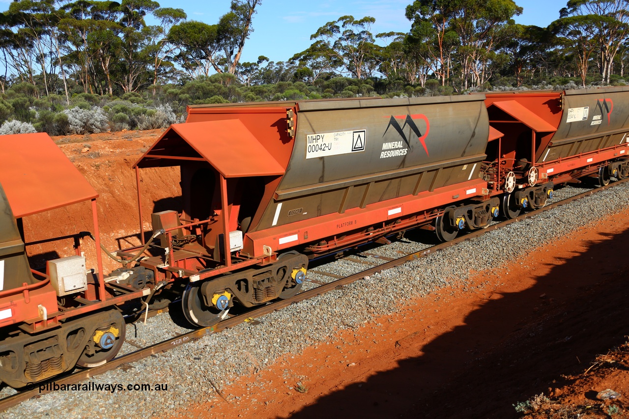 190109 1579
Binduli, Mineral Resources Ltd empty iron ore train 4030 with MRL's MHPY type iron ore waggon MHPY 00214 built by CSR Yangtze Co China serial 2014/382-214 in 2014 as a batch of 382 units, these bottom discharge hopper waggons are operated in 'married' pairs.
Keywords: MHPY-type;MHPY00042;2014/382-42;CSR-Yangtze-Rolling-Stock-Co-China;