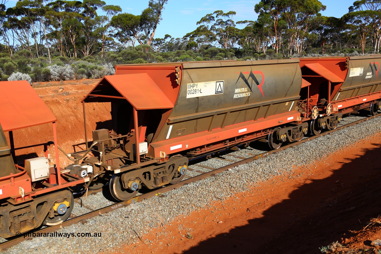 190109 1581
Binduli, Mineral Resources Ltd empty iron ore train 4030 with MRL's MHPY type iron ore waggon MHPY 00281 built by CSR Yangtze Co China serial 2014/382-281 in 2014 as a batch of 382 units, these bottom discharge hopper waggons are operated in 'married' pairs.
Keywords: MHPY-type;MHPY00281;2014/382-281;CSR-Yangtze-Rolling-Stock-Co-China;