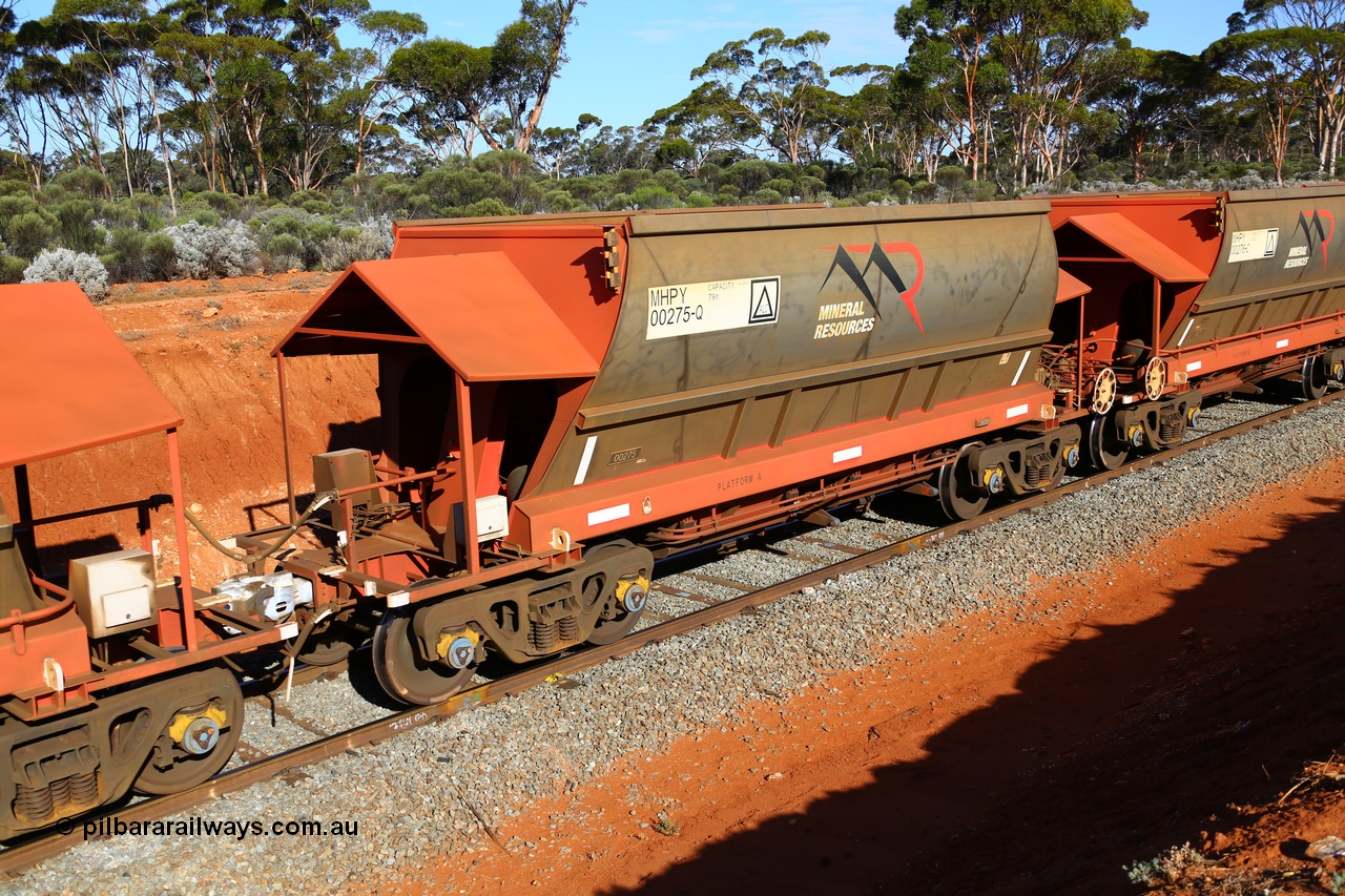190109 1583
Binduli, Mineral Resources Ltd empty iron ore train 4030 with MRL's MHPY type iron ore waggon MHPY 00275 built by CSR Yangtze Co China serial 2014/382-275 in 2014 as a batch of 382 units, these bottom discharge hopper waggons are operated in 'married' pairs.
Keywords: MHPY-type;MHPY00275;2014/382-275;CSR-Yangtze-Co-China;