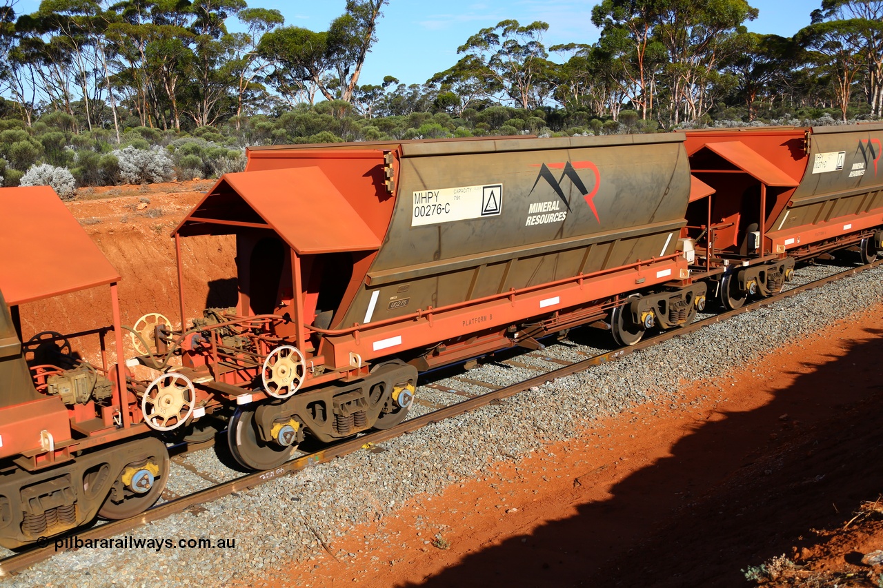 190109 1584
Binduli, Mineral Resources Ltd empty iron ore train 4030 with MRL's MHPY type iron ore waggon MHPY 00276 built by CSR Yangtze Co China serial 2014/382-276 in 2014 as a batch of 382 units, these bottom discharge hopper waggons are operated in 'married' pairs.
Keywords: MHPY-type;MHPY00276;2014/382-276;CSR-Yangtze-Rolling-Stock-Co-China;