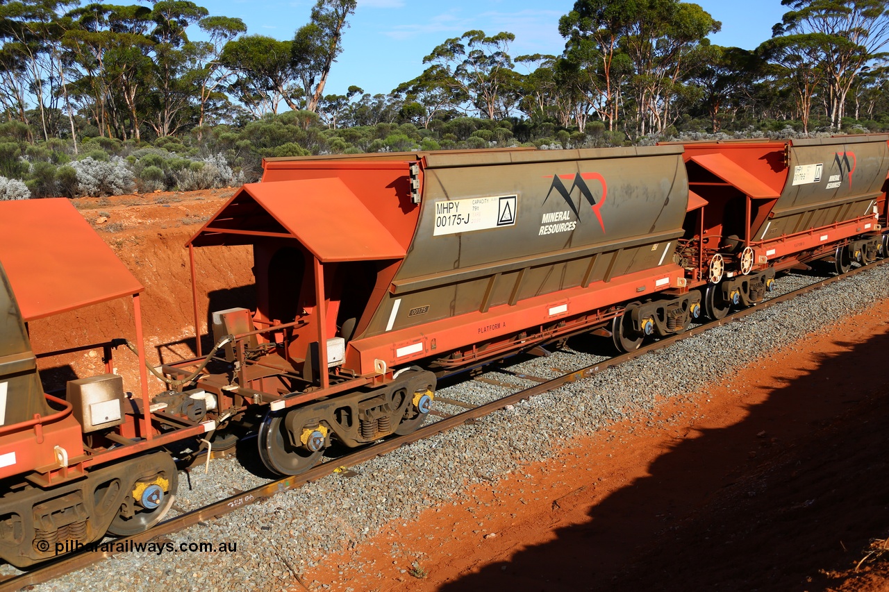 190109 1593
Binduli, Mineral Resources Ltd empty iron ore train 4030 with MRL's MHPY type iron ore waggon MHPY 00175 built by CSR Yangtze Co China serial 2014/382-175 in 2014 as a batch of 382 units, these bottom discharge hopper waggons are operated in 'married' pairs.
Keywords: MHPY-type;MHPY00175;2014/382-175;CSR-Yangtze-Rolling-Stock-Co-China;