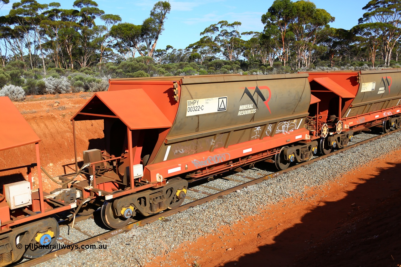 190109 1597
Binduli, Mineral Resources Ltd empty iron ore train 4030 with MRL's MHPY type iron ore waggon MHPY 00322 built by CSR Yangtze Co China serial 2014/382-322 in 2014 as a batch of 382 units, these bottom discharge hopper waggons are operated in 'married' pairs.
Keywords: MHPY-type;MHPY00322;2014/382-322;CSR-Yangtze-Rolling-Stock-Co-China;