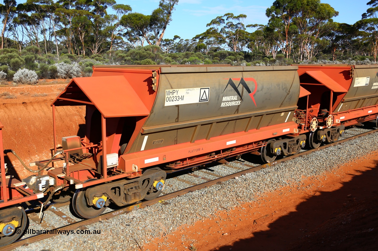 190109 1603
Binduli, Mineral Resources Ltd empty iron ore train 4030 with MRL's MHPY type iron ore waggon MHPY 00233 built by CSR Yangtze Co China serial 2014/382-233 in 2014 as a batch of 382 units, these bottom discharge hopper waggons are operated in 'married' pairs.
Keywords: MHPY-type;MHPY00233;2014/382-233;CSR-Yangtze-Rolling-Stock-Co-China;