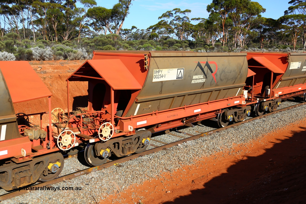 190109 1604
Binduli, Mineral Resources Ltd empty iron ore train 4030 with MRL's MHPY type iron ore waggon MHPY 00234 built by CSR Yangtze Co China serial 2014/382-234 in 2014 as a batch of 382 units, these bottom discharge hopper waggons are operated in 'married' pairs.
Keywords: MHPY-type;MHPY00234;2014/382-234;CSR-Yangtze-Rolling-Stock-Co-China;