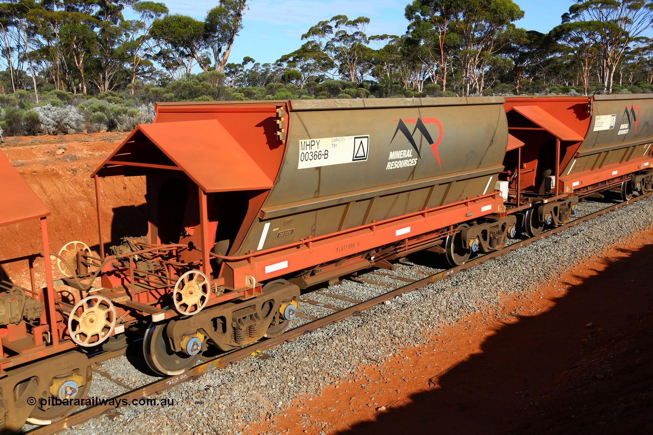 190109 1638
Binduli, Mineral Resources Ltd empty iron ore train 4030 with MRL's MHPY type iron ore waggon MHPY 00366 built by CSR Yangtze Co China serial 2014/382-366 in 2014 as a batch of 382 units, these bottom discharge hopper waggons are operated in 'married' pairs.
Keywords: MHPY-type;MHPY00366;2014/382-366;CSR-Yangtze-Co-China;