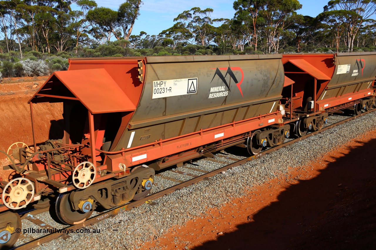 190109 1640
Binduli, Mineral Resources Ltd empty iron ore train 4030 with MRL's MHPY type iron ore waggon MHPY 00232 built by CSR Yangtze Co China serial 2014/382-232 in 2014 as a batch of 382 units, these bottom discharge hopper waggons are operated in 'married' pairs.
Keywords: MHPY-type;MHPY00231;2014/382-231;CSR-Yangtze-Co-China;