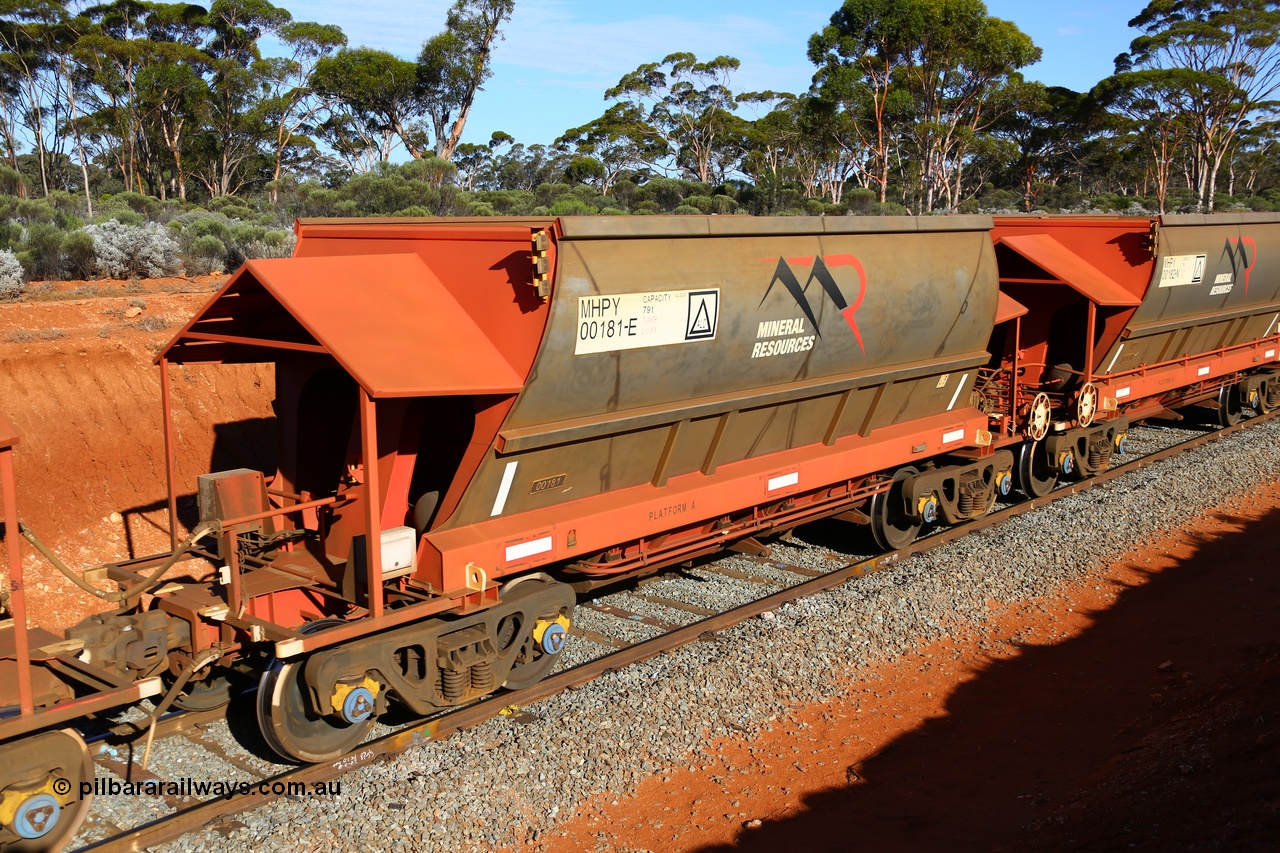 190109 1675
Binduli, Mineral Resources Ltd empty iron ore train 4030 with MRL's MHPY type iron ore waggon MHPY 00181 built by CSR Yangtze Co China serial 2014/382-181 in 2014 as a batch of 382 units, these bottom discharge hopper waggons are operated in 'married' pairs.
Keywords: MHPY-type;MHPY00181;2014/382-181;CSR-Yangtze-Rolling-Stock-Co-China;