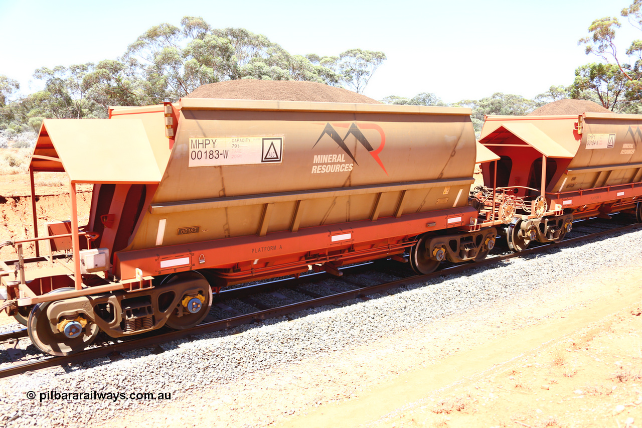 190129 4269
Binduli, on Mineral Resources Ltd loaded iron ore train service from Koolyanobbing to Esperance #3033 with MRL's MHPY type iron ore waggon MHPY 00183 built by CSR Yangtze Co China serial 2014/382-183 in 2014 as a batch of 382 units, these bottom discharge hopper waggons are operated in 'married' pairs.
Keywords: MHPY-type;MHPY00183;2014/382-183;CSR-Yangtze-Co-China;