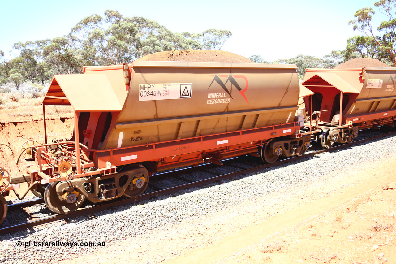 190129 4272
Binduli, on Mineral Resources Ltd loaded iron ore train service from Koolyanobbing to Esperance #3033 with MRL's MHPY type iron ore waggon MHPY 00345 built by CSR Yangtze Co China serial 2014/382-345 in 2014 as a batch of 382 units, these bottom discharge hopper waggons are operated in 'married' pairs.
Keywords: MHPY-type;MHPY00345;2014/382-345;CSR-Yangtze-Co-China;