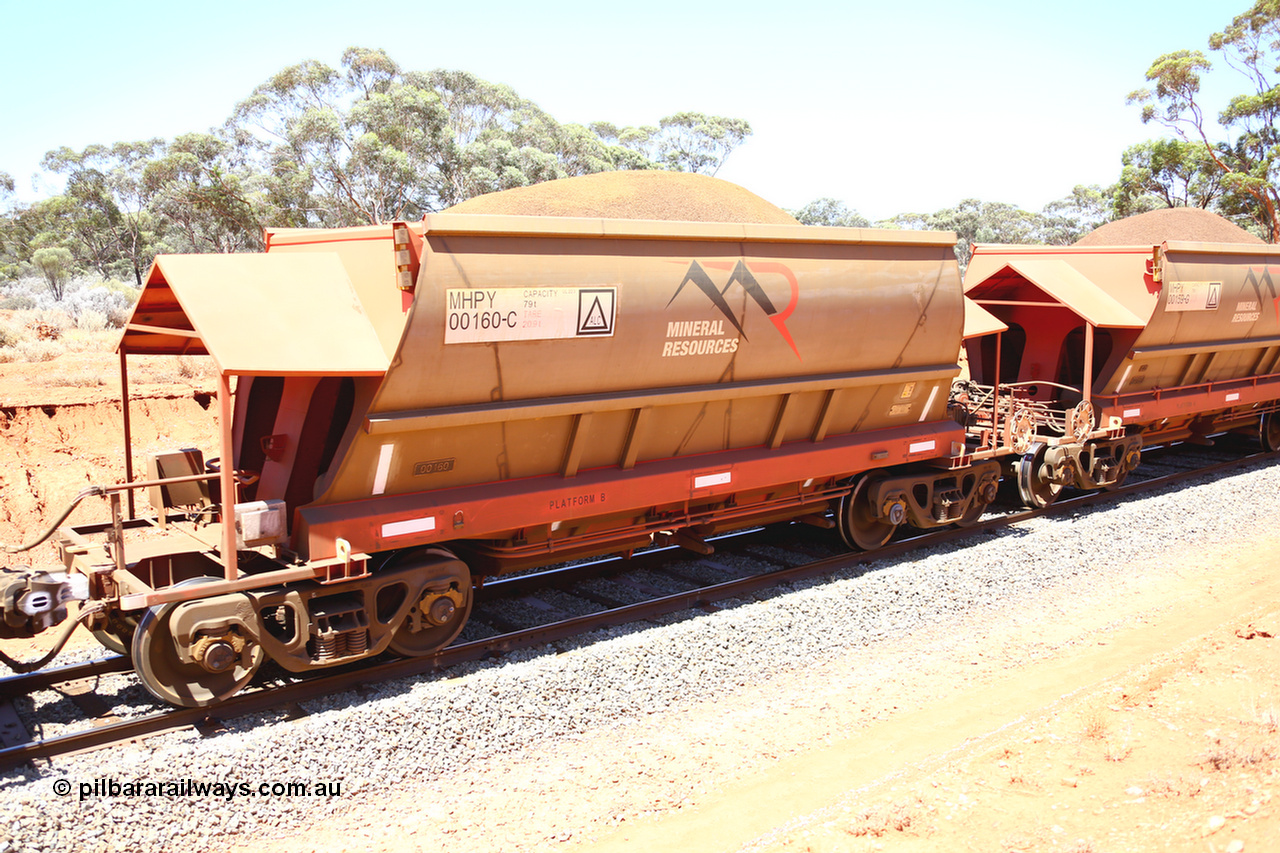 190129 4277
Binduli, on Mineral Resources Ltd loaded iron ore train service from Koolyanobbing to Esperance #3033 with MRL's MHPY type iron ore waggon MHPY 00160 built by CSR Yangtze Co China serial 2014/382-160 in 2014 as a batch of 382 units, these bottom discharge hopper waggons are operated in 'married' pairs.
Keywords: MHPY-type;MHPY00160;2014/382-160;CSR-Yangtze-Co-China;