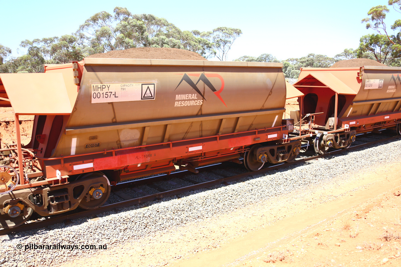 190129 4284
Binduli, on Mineral Resources Ltd loaded iron ore train service from Koolyanobbing to Esperance #3033 with MRL's MHPY type iron ore waggon MHPY 00157 built by CSR Yangtze Co China serial 2014/382-157 in 2014 as a batch of 382 units, these bottom discharge hopper waggons are operated in 'married' pairs.
Keywords: MHPY-type;MHPY00157;2014/382-157;CSR-Yangtze-Co-China;