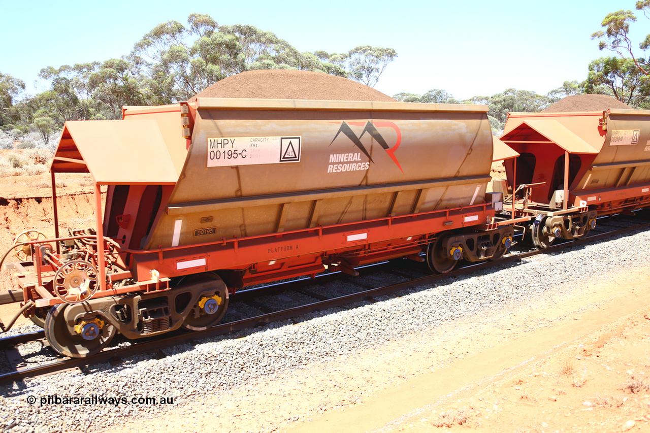 190129 4294
Binduli, on Mineral Resources Ltd loaded iron ore train service from Koolyanobbing to Esperance #3033 with MRL's MHPY type iron ore waggon MHPY 00195 built by CSR Yangtze Co China serial 2014/382-195 in 2014 as a batch of 382 units, these bottom discharge hopper waggons are operated in 'married' pairs.
Keywords: MHPY-type;MHPY00195;2014/382-195;CSR-Yangtze-Co-China;