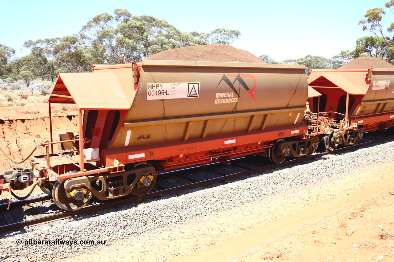 190129 4295
Binduli, on Mineral Resources Ltd loaded iron ore train service from Koolyanobbing to Esperance #3033 with MRL's MHPY type iron ore waggon MHPY 00196 built by CSR Yangtze Co China serial 2014/382-196 in 2014 as a batch of 382 units, these bottom discharge hopper waggons are operated in 'married' pairs.
Keywords: MHPY-type;MHPY00196;2014/382-196;CSR-Yangtze-Co-China;