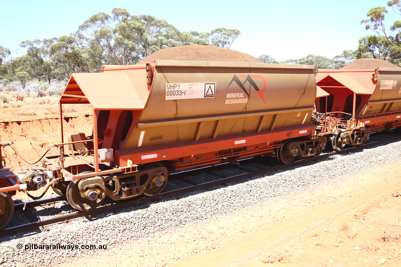 190129 4299
Binduli, on Mineral Resources Ltd loaded iron ore train service from Koolyanobbing to Esperance #3033 with MRL's MHPY type iron ore waggon MHPY 00033 built by CSR Yangtze Co China serial 2014/382-33 in 2014 as a batch of 382 units, these bottom discharge hopper waggons are operated in 'married' pairs.
Keywords: MHPY-type;MHPY00033;2014/382-33;CSR-Yangtze-Co-China;