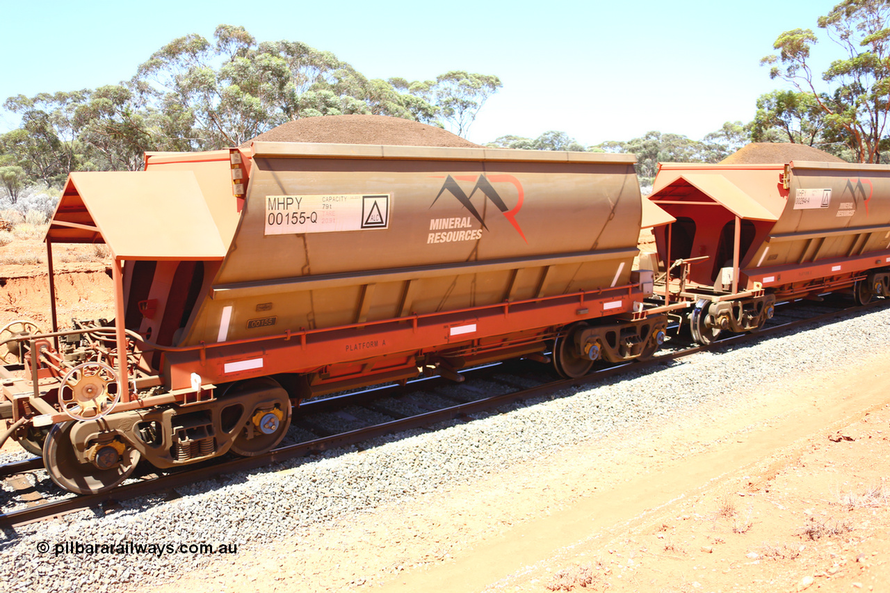 190129 4306
Binduli, on Mineral Resources Ltd loaded iron ore train service from Koolyanobbing to Esperance #3033 with MRL's MHPY type iron ore waggon MHPY 00155 built by CSR Yangtze Co China serial 2014/382-155 in 2014 as a batch of 382 units, these bottom discharge hopper waggons are operated in 'married' pairs.
Keywords: MHPY-type;MHPY00155;2014/382-155;CSR-Yangtze-Co-China;