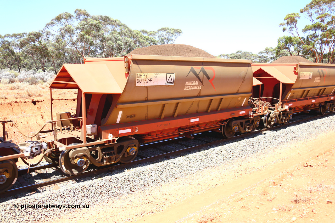 190129 4309
Binduli, on Mineral Resources Ltd loaded iron ore train service from Koolyanobbing to Esperance #3033 with MRL's MHPY type iron ore waggon MHPY 00172 built by CSR Yangtze Co China serial 2014/382-172 in 2014 as a batch of 382 units, these bottom discharge hopper waggons are operated in 'married' pairs.
Keywords: MHPY-type;MHPY00172;2014/382-172;CSR-Yangtze-Co-China;