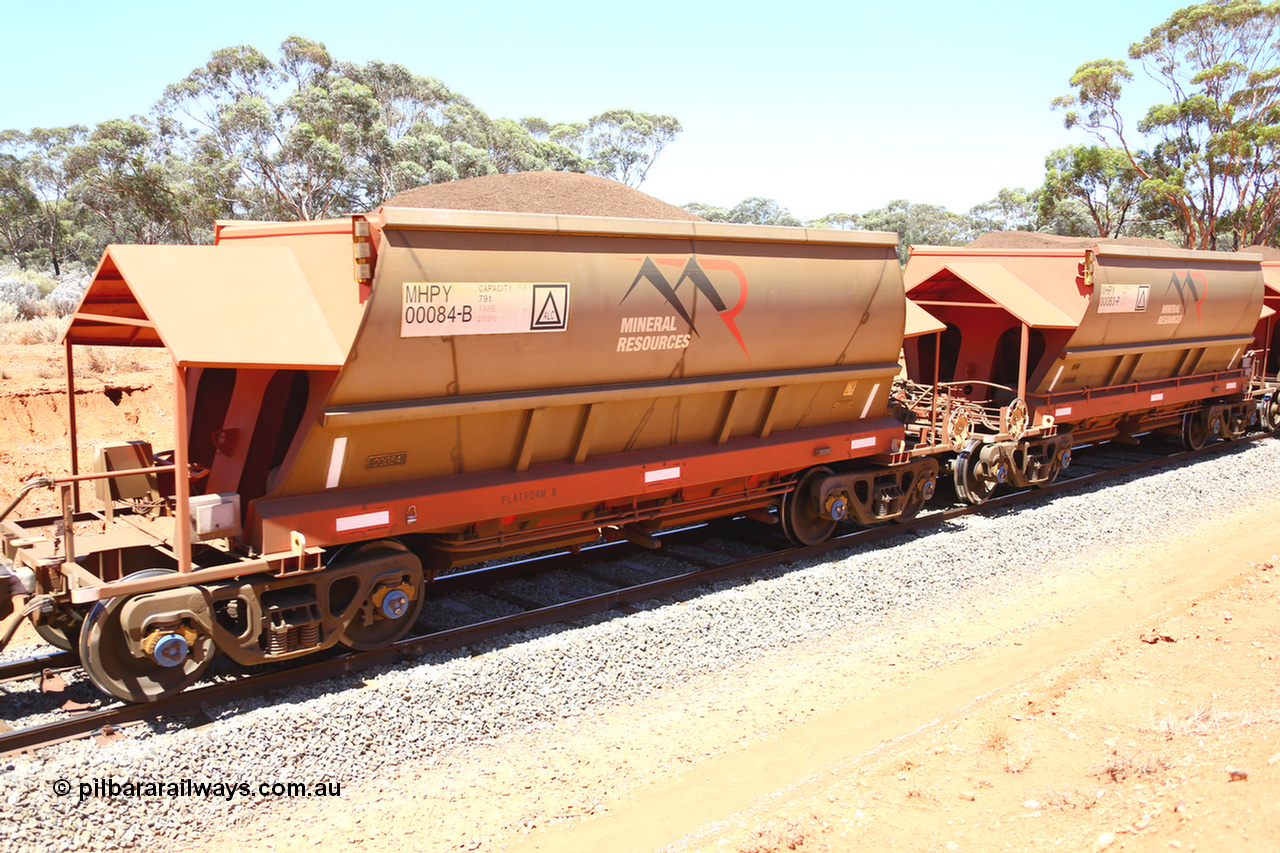 190129 4317
Binduli, on Mineral Resources Ltd loaded iron ore train service from Koolyanobbing to Esperance #3033 with MRL's MHPY type iron ore waggon MHPY 00084 built by CSR Yangtze Co China serial 2014/382-84 in 2014 as a batch of 382 units, these bottom discharge hopper waggons are operated in 'married' pairs.
Keywords: MHPY-type;MHPY00084;2014/382-84;CSR-Yangtze-Co-China;