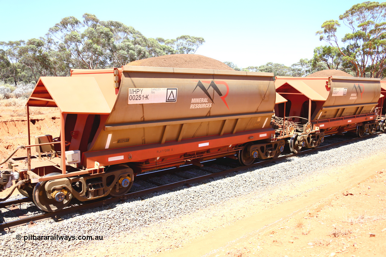 190129 4319
Binduli, on Mineral Resources Ltd loaded iron ore train service from Koolyanobbing to Esperance #3033 with MRL's MHPY type iron ore waggon MHPY 00251 built by CSR Yangtze Co China serial 2014/382-251 in 2014 as a batch of 382 units, these bottom discharge hopper waggons are operated in 'married' pairs.
Keywords: MHPY-type;MHPY00251;2014/382-251;CSR-Yangtze-Co-China;