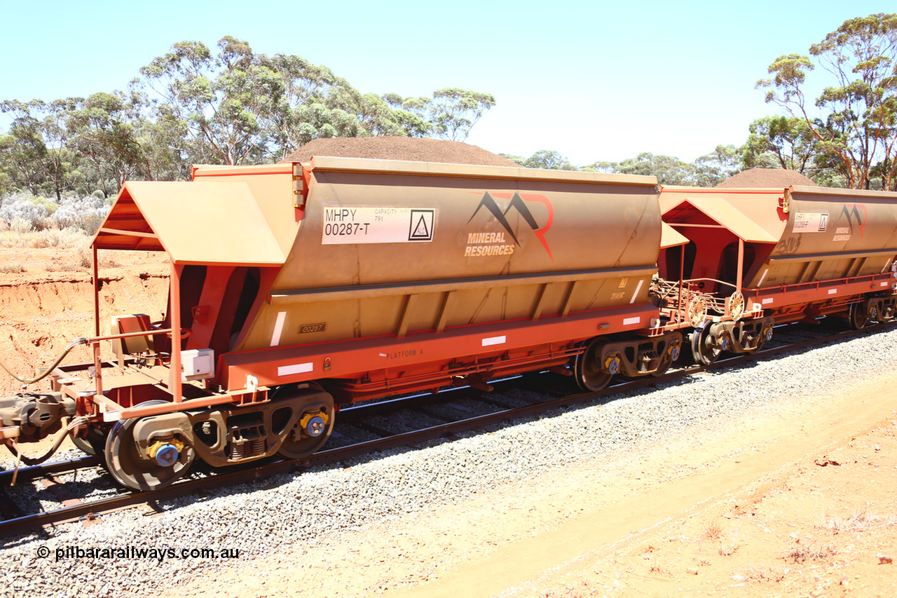 190129 4337
Binduli, on Mineral Resources Ltd loaded iron ore train service from Koolyanobbing to Esperance #3033 with MRL's MHPY type iron ore waggon MHPY 00287 built by CSR Yangtze Co China serial 2014/382-287 in 2014 as a batch of 382 units, these bottom discharge hopper waggons are operated in 'married' pairs.
Keywords: MHPY-type;MHPY00287;2014/382-287;CSR-Yangtze-Co-China;