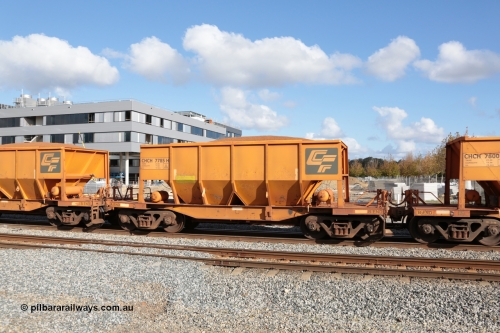 140601 4674
Midland, loaded iron ore train #1030 heading to Kwinana, CFCLA leased CHCH type waggon CHCH 7785 these waggons were rebuilt between 2010 and 2012 by Bluebird Rail Operations SA from former Goldsworthy Mining hopper waggons originally built by Tomlinson WA and Scotts of Ipswich Qld back in the 60's to early 80's. June 1, 2014.
Keywords: CHCH-type;CHCH7785;Bluebird-Rail-Operations-SA;2010/201-185;