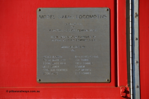 190107 0422
Parkeston, builders plate of Mineral Resources MRL class loco MRL 002 'Spirit of Yilgarn' with serial R-0113-03/14-505 a UGL Rail Broadmeadow NSW built GE model C44ACi in 2014 stands in the Engineers Siding.
Keywords: MRL-class;MRL002;UGL-Rail-NSW;GE;C44ACi;R-0113-03/14-505;