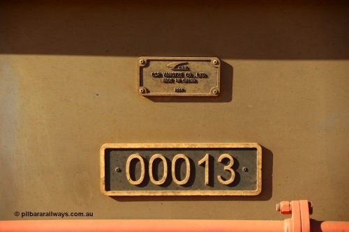 190107 0449
Parkeston, Mineral Resources Ltd builders plate of MHPY type iron ore waggon MHPY 00013 built by CSR Yangtze Co China in 2014 as a batch of 382 units.
Keywords: MHPY-type;MHPY00013;2014/382-13;CSR-Yangtze-Rolling-Stock-Co-China;