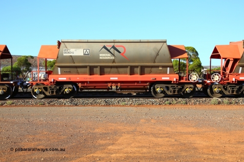 190107 0455
Parkeston, Mineral Resources Ltd MHPY type iron ore waggon MHPY 00363 built by CSR Yangtze Co China in 2014 as a batch of 382 units, these bottom discharge hopper waggons are operated in 'married' pairs.
Keywords: MHPY-type;MHPY00363;2014/382-363;CSR-Yangtze-Rolling-Stock-Co-China;