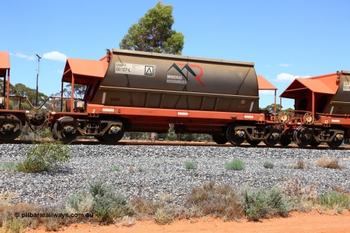 190107 0604
Binduli, on empty Mineral Resources Ltd iron ore train service from Esperance to Koolyanobbing 2034 with MRL's MHPY type iron ore waggon MHPY 00157 built by CSR Yangtze Co China serial 2014/382-157 in 2014 as a batch of 382 units, these bottom discharge hopper waggons are operated in 'married' pairs.
Keywords: MHPY-type;MHPY00157;2014/382-157;CSR-Yangtze-Rolling-Stock-Co-China;
