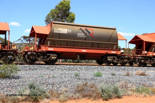 190107 0631
Binduli, on empty Mineral Resources Ltd iron ore train service from Esperance to Koolyanobbing 2034 with MRL's MHPY type iron ore waggon MHPY 00348 built by CSR Yangtze Co China serial 2014/382-348 in 2014 as a batch of 382 units, these bottom discharge hopper waggons are operated in 'married' pairs.
Keywords: MHPY-type;MHPY00348;2014/382-348;CSR-Yangtze-Rolling-Stock-Co-China;