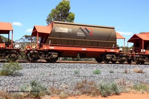 190107 0633
Binduli, on empty Mineral Resources Ltd iron ore train service from Esperance to Koolyanobbing 2034 with MRL's MHPY type iron ore waggon MHPY 00177 built by CSR Yangtze Co China serial 2014/382-177 in 2014 as a batch of 382 units, these bottom discharge hopper waggons are operated in 'married' pairs.
Keywords: MHPY-type;MHPY00177;2014/382-177;CSR-Yangtze-Rolling-Stock-Co-China;