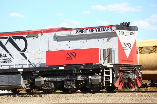 190107 0652
West Kalgoorlie, radiator end view of Mineral Resources MRL class loco MRL 002 'Spirit of Yilgarn' with serial R-0113-03/14-505 a UGL Rail Broadmeadow NSW built GE model C44ACi model locomotive.
Keywords: MRL-class;MRL002;UGL-Rail-NSW;GE;C44ACi;R-0113-03/14-505;