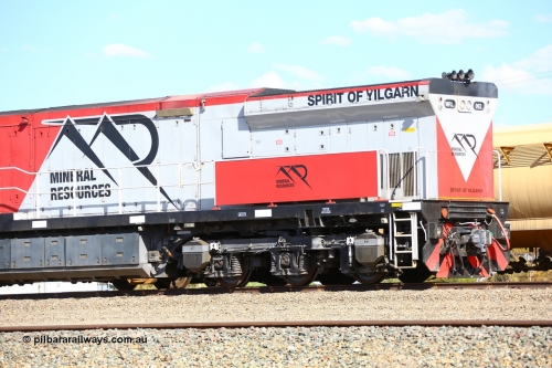 190107 0653
West Kalgoorlie, radiator end view of Mineral Resources MRL class loco MRL 002 'Spirit of Yilgarn' with serial R-0113-03/14-505 a UGL Rail Broadmeadow NSW built GE model C44ACi model locomotive.
Keywords: MRL-class;MRL002;UGL-Rail-NSW;GE;C44ACi;R-0113-03/14-505;