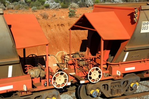 190109 1610
Binduli, Mineral Resources Ltd empty iron ore train 4030 with MRL's MHPY type iron ore waggon MHPY 00312 built by CSR Yangtze Co China serial 2014/382-312 in 2014 as a batch of 382 units, these bottom discharge hopper waggons are operated in 'married' pairs.
Keywords: MHPY-type;MHPY00312;2014/382-312;CSR-Yangtze-Rolling-Stock-Co-China;