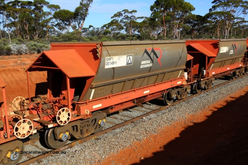 190109 1636
Binduli, Mineral Resources Ltd empty iron ore train 4030 with MRL's MHPY type iron ore waggon MHPY 00150 built by CSR Yangtze Co China serial 2014/382-150 in 2014 as a batch of 382 units, these bottom discharge hopper waggons are operated in 'married' pairs.
Keywords: MHPY-type;MHPY00149;2014/382-149;CSR-Yangtze-Rolling-Stock-Co-China;