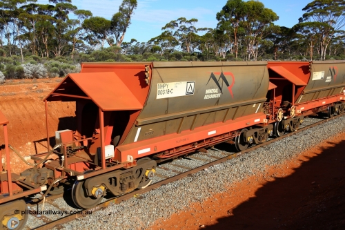 190109 1647
Binduli, Mineral Resources Ltd empty iron ore train 4030 with MRL's MHPY type iron ore waggon MHPY 00317 built by CSR Yangtze Co China serial 2014/382-317 in 2014 as a batch of 382 units, these bottom discharge hopper waggons are operated in 'married' pairs.
Keywords: MHPY-type;MHPY00318;2014/382-318;CSR-Yangtze-Rolling-Stock-Co-China;