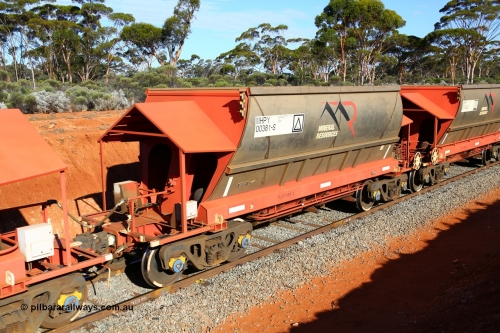 190109 1659
Binduli, Mineral Resources Ltd empty iron ore train 4030 with MRL's MHPY type iron ore waggon MHPY 00381 built by CSR Yangtze Co China serial 2014/382-381 in 2014 as a batch of 382 units, these bottom discharge hopper waggons are operated in 'married' pairs.
Keywords: MHPY-type;MHPY00381;2014/382-381;CSR-Yangtze-Rolling-Stock-Co-China;
