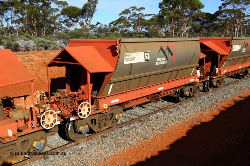 190109 1664
Binduli, Mineral Resources Ltd empty iron ore train 4030 with MRL's MHPY type iron ore waggon MHPY 00309 built by CSR Yangtze Co China serial 2014/382-309 in 2014 as a batch of 382 units, these bottom discharge hopper waggons are operated in 'married' pairs.
Keywords: MHPY-type;MHPY00309;2014/382-309;CSR-Yangtze-Rolling-Stock-Co-China;