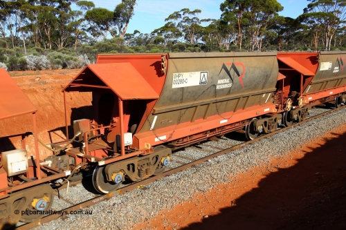 190109 1665
Binduli, Mineral Resources Ltd empty iron ore train 4030 with MRL's MHPY type iron ore waggon MHPY 00280 built by CSR Yangtze Co China serial 2014/382-280 in 2014 as a batch of 382 units, these bottom discharge hopper waggons are operated in 'married' pairs.
Keywords: MHPY-type;MHPY00280;2014/382-280;CSR-Yangtze-Rolling-Stock-Co-China;