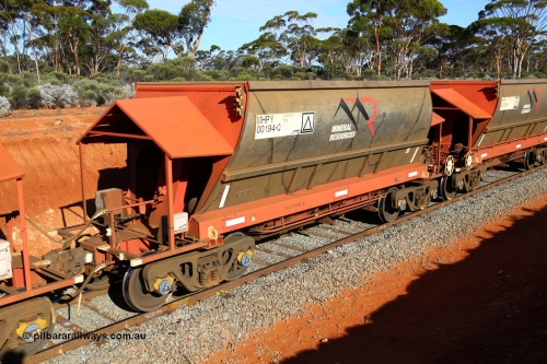 190109 1667
Binduli, Mineral Resources Ltd empty iron ore train 4030 with MRL's MHPY type iron ore waggon MHPY 00193 built by CSR Yangtze Co China serial 2014/382-193 in 2014 as a batch of 382 units, these bottom discharge hopper waggons are operated in 'married' pairs.
Keywords: MHPY-type;MHPY00194;2014/382-194;CSR-Yangtze-Rolling-Stock-Co-China;