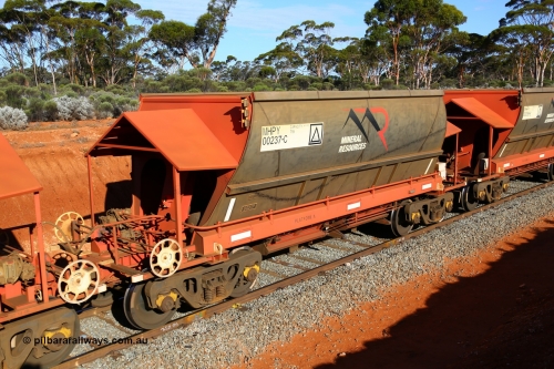 190109 1670
Binduli, Mineral Resources Ltd empty iron ore train 4030 with MRL's MHPY type iron ore waggon MHPY 00237 built by CSR Yangtze Co China serial 2014/382-237 in 2014 as a batch of 382 units, these bottom discharge hopper waggons are operated in 'married' pairs.
Keywords: MHPY-type;MHPY00237;2014/382-237;CSR-Yangtze-Rolling-Stock-Co-China;
