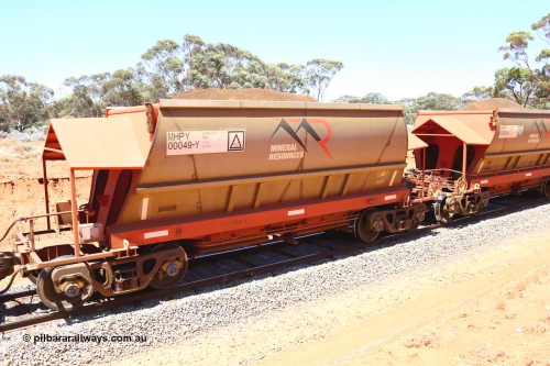 190129 4239
Binduli, on Mineral Resources Ltd loaded iron ore train service from Koolyanobbing to Esperance #3033 with MRL's MHPY type iron ore waggon MHPY 00049 built by CSR Yangtze Co China serial 2014/382-49 in 2014 as a batch of 382 units, these bottom discharge hopper waggons are operated in 'married' pairs.
Keywords: MHPY-type;MHPY00049;2014/382-49;CSR-Yangtze-Co-China;