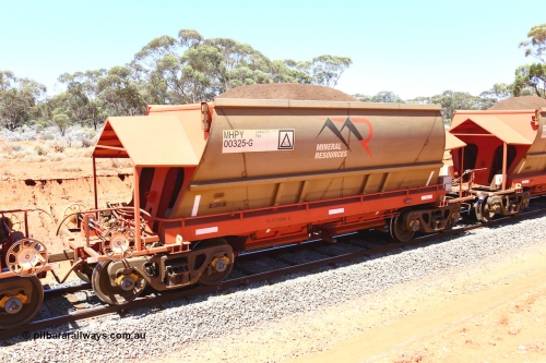 190129 4258
Binduli, on Mineral Resources Ltd loaded iron ore train service from Koolyanobbing to Esperance #3033 with MRL's MHPY type iron ore waggon MHPY 00325 built by CSR Yangtze Co China serial 2014/382-325 in 2014 as a batch of 382 units, these bottom discharge hopper waggons are operated in 'married' pairs.
Keywords: MHPY-type;MHPY00325;2014/382-325;CSR-Yangtze-Co-China;