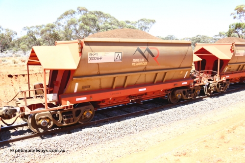 190129 4259
Binduli, on Mineral Resources Ltd loaded iron ore train service from Koolyanobbing to Esperance #3033 with MRL's MHPY type iron ore waggon MHPY 00326 built by CSR Yangtze Co China serial 2014/382-326 in 2014 as a batch of 382 units, these bottom discharge hopper waggons are operated in 'married' pairs.
Keywords: MHPY-type;MHPY00326;2014/382-326;CSR-Yangtze-Co-China;
