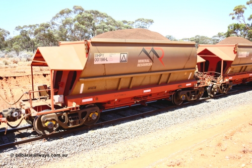 190129 4295
Binduli, on Mineral Resources Ltd loaded iron ore train service from Koolyanobbing to Esperance #3033 with MRL's MHPY type iron ore waggon MHPY 00196 built by CSR Yangtze Co China serial 2014/382-196 in 2014 as a batch of 382 units, these bottom discharge hopper waggons are operated in 'married' pairs.
Keywords: MHPY-type;MHPY00196;2014/382-196;CSR-Yangtze-Co-China;