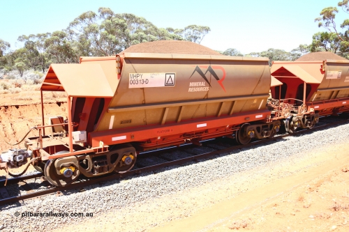 190129 4297
Binduli, on Mineral Resources Ltd loaded iron ore train service from Koolyanobbing to Esperance #3033 with MRL's MHPY type iron ore waggon MHPY 00313 built by CSR Yangtze Co China serial 2014/382-313 in 2014 as a batch of 382 units, these bottom discharge hopper waggons are operated in 'married' pairs.
Keywords: MHPY-type;MHPY00313;2014/382-313;CSR-Yangtze-Co-China;
