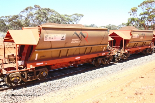 190129 4313
Binduli, on Mineral Resources Ltd loaded iron ore train service from Koolyanobbing to Esperance #3033 with MRL's MHPY type iron ore waggon MHPY 00131 built by CSR Yangtze Co China serial 2014/382-131 in 2014 as a batch of 382 units, these bottom discharge hopper waggons are operated in 'married' pairs.
Keywords: MHPY-type;MHPY00131;2014/382-131;CSR-Yangtze-Co-China;