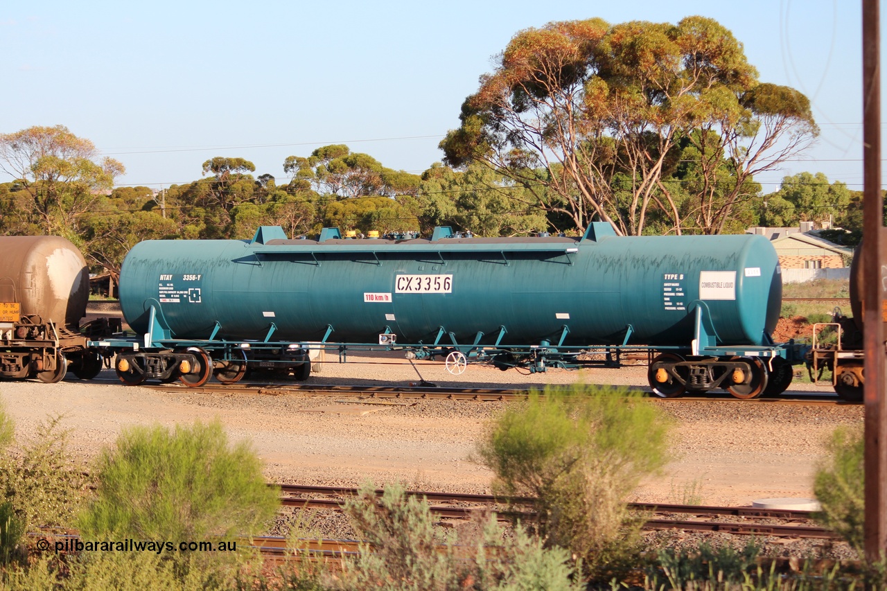 140205 IMG 1463
West Kalgoorlie, NTAY type fuel tank waggon NTAY 3356 with 64,200 litre capacity for Caltex. Refurbished by Gemco WA in Nov 2013 from a Caltex NTAF type tank waggon NTAF 356 originally built by Comeng NSW in 1974 as a CTX type CTX 356. Peter Donaghy image.
Keywords: Peter-D-Image;NTAY-type;NTAY3356;Comeng-NSW;CTX-type;CTX356;NTAF-type;