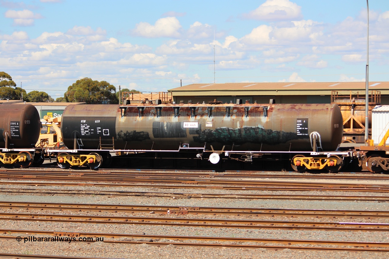 140406 IMG 1926
West Kalgoorlie, NTBF 6119 fuel tank waggon, originally built by Comeng NSW in 1975 as SCA type SCA 270 69000 litre bitumen tank waggon for Shell NSW, diesel capacity of 62700 litres. Peter Donaghy image.
Keywords: Peter-D-Image;NTBF-type;NTBF6119;Comeng-NSW;SCA-type;SCA270;
