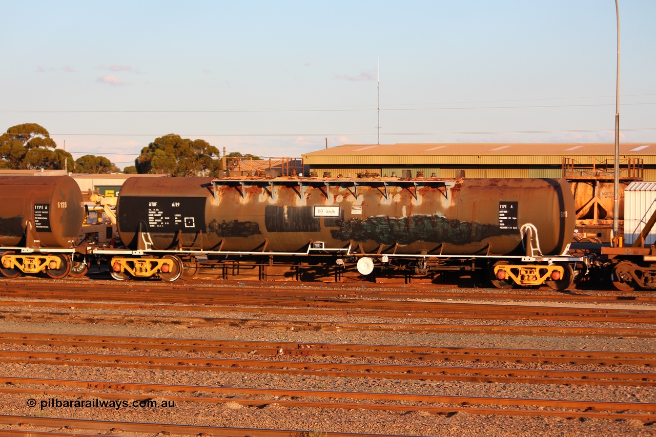 140406 IMG 1940
West Kalgoorlie, NTBF 6119 fuel tank waggon detail image, originally built by Comeng NSW in 1975 as SCA type SCA 270 69000 litre bitumen tank waggon for Shell NSW, diesel capacity of 62700 litres. Peter Donaghy image.
Keywords: Peter-D-Image;NTBF-type;NTBF6119;Comeng-NSW;SCA-type;SCA270;