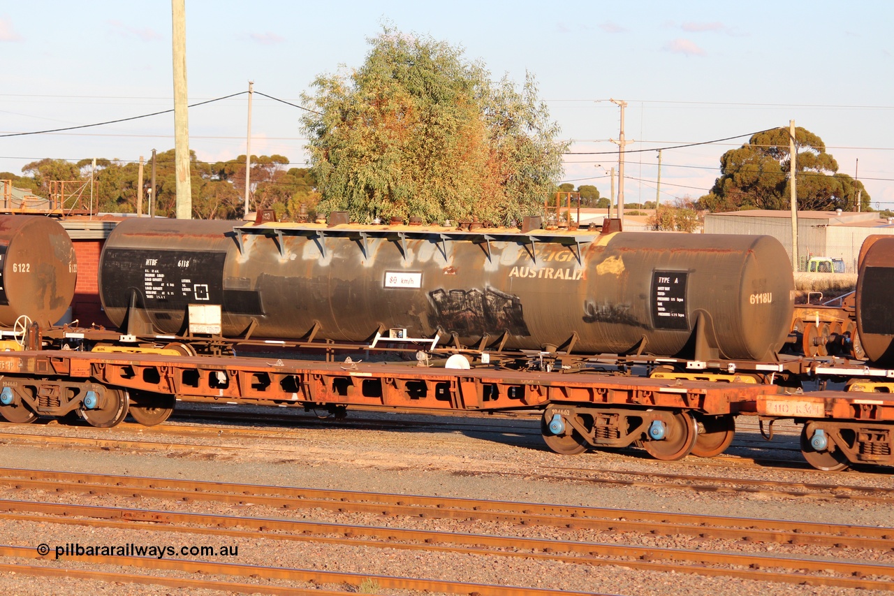 140406 IMG 1942
West Kalgoorlie, NTBF type fuel tank waggon NTBF 6118, with former owners name (Freight Australia) visible. Originally built by Comeng NSW in 1975 as an SCA type 69,000 litre bitumen tank waggon SCA 267 for Shell NSW. Peter Donaghy image.
Keywords: Peter-D-Image;NTBF-type;NTBF6118;Comeng-NSW;SCA-type;SCA267;